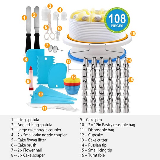 Edge Collections; 108Pcs Cake Decorating Supplies Kit 11in Revolving Cake Table with Stand Base and Baking Tools; Category:Cake Decorating Tools; Image:1